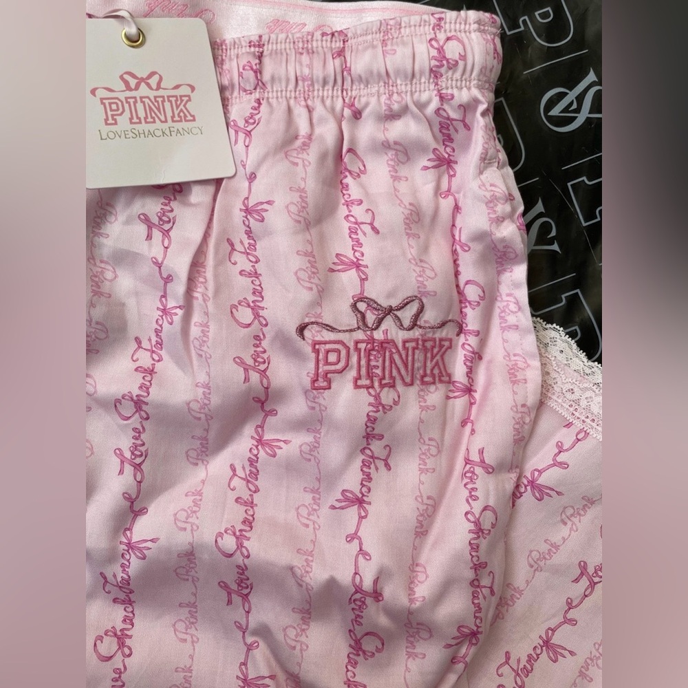 PINK x LoveShackFancy Silky Sleep Pants Pink Floral Logo Lounge Pajama Bottoms - Picture 11 of 12